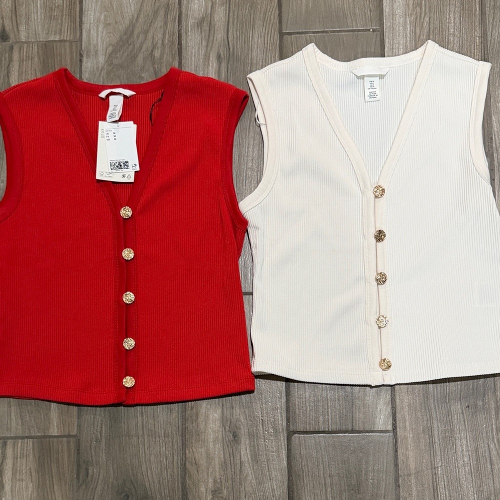 H&M Red and Cream Button-Up Vests